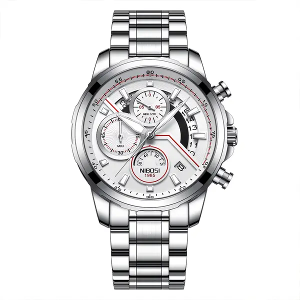 Nibosi 2576 High Quality Stainless Steel Luminous Men's Watch – Dial Color: White, Strap Color: White – View 1